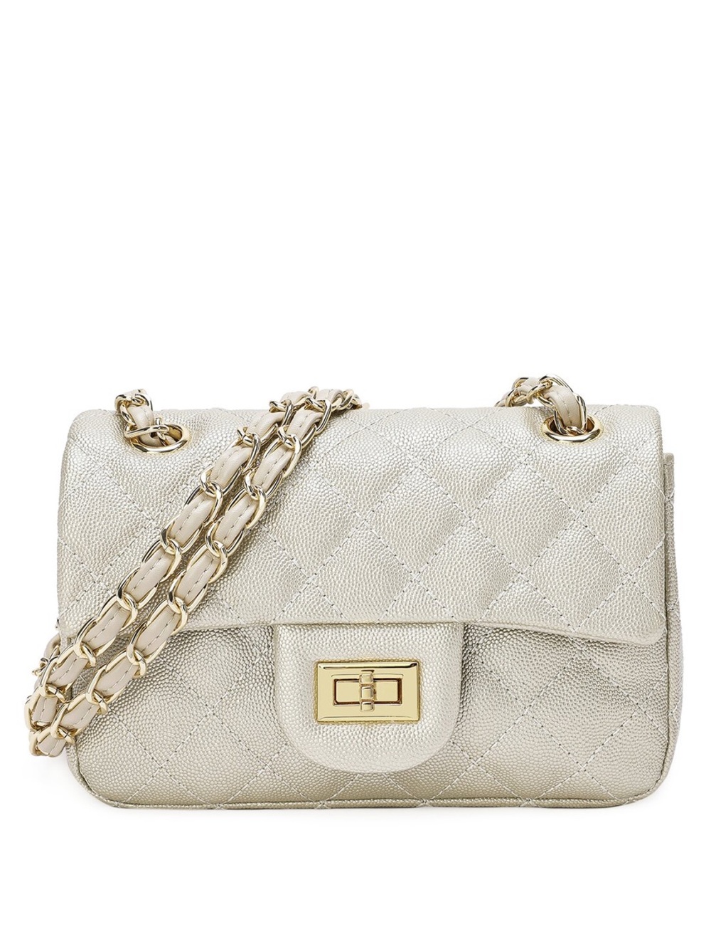 Quilted Metallic Cream Shoulder Bag with Gold Chain